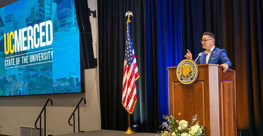 UC Merced chancellor at lecturn giving State of the University address